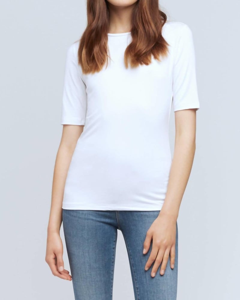 Front of a model wearing a size L Casey Tee in White in White by L'Agence. | dia_product_style_image_id:346297
